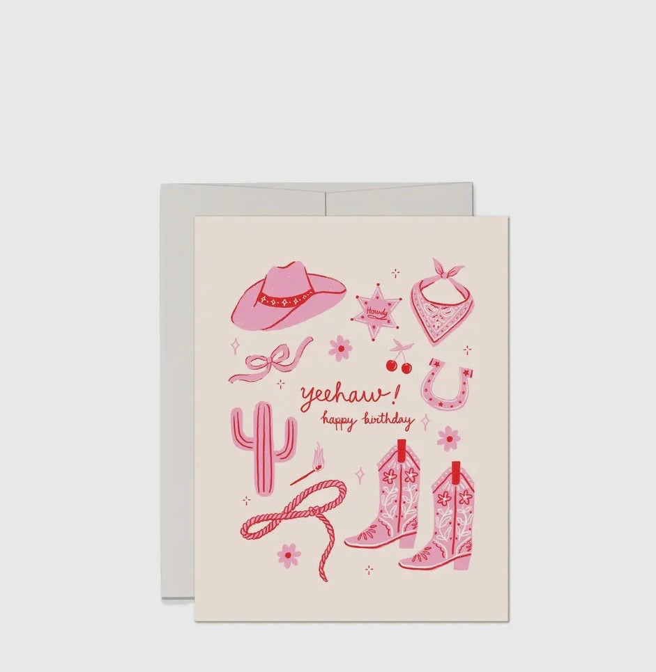 YeeHaw Happy Birthday Greeting Card Pink Cowgirl Card