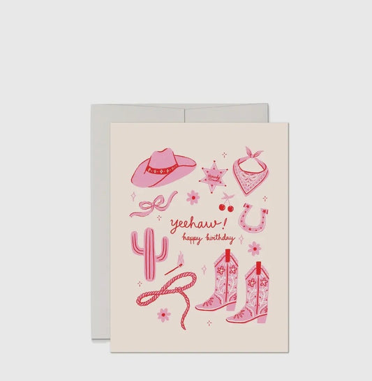 YeeHaw Happy Birthday Greeting Card Pink Cowgirl Card